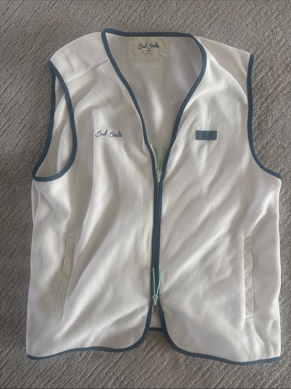 Bad Birdie White Fleece Vest with Gray Trim